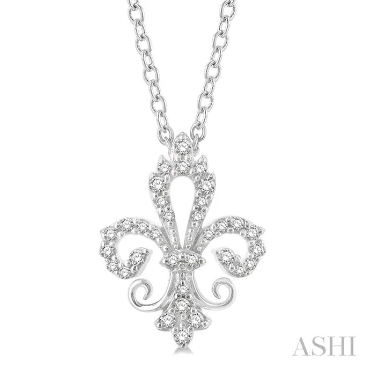 1/6 ctw Petite Carved Fleur De Lis Round Cut Diamond Fashion Pendant With Chain in 10K White Gold