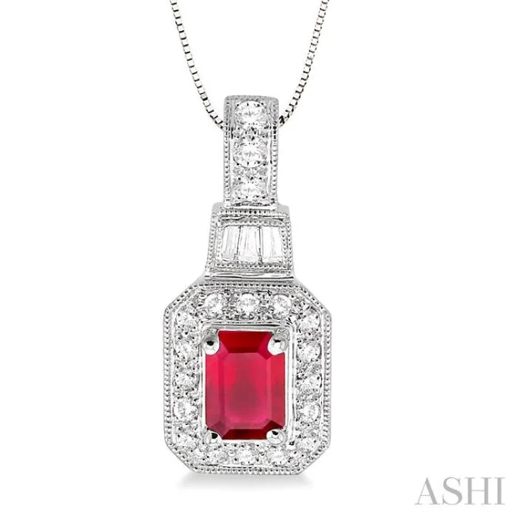 7x5 MM Emerald Shape Ruby and 1/2 Ctw Round and Baguette Cut Diamond Pendant in 14K White Gold with Chain