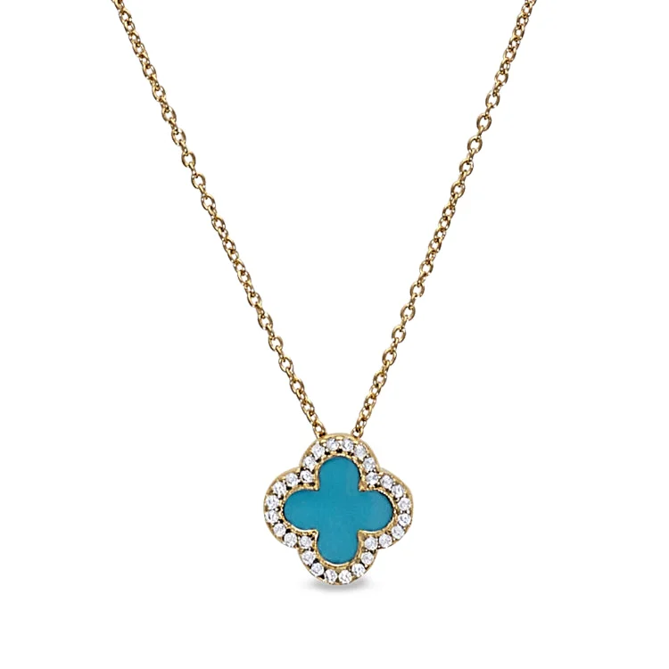 Gold Vermeil Sterling Silver Micropave Turquoise Enamel Clover Pendant with Simulated Diamonds on 16" -18" Cable Chain