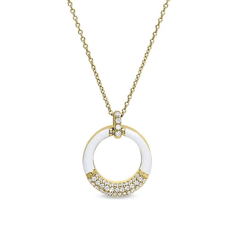 Gold Vermeil Sterling Silver Micropave White Enamel Open Circle Pendant with Simulated Diamonds on 16" -18" Cable Chain