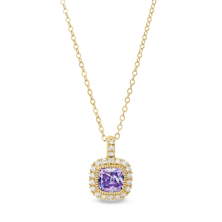 Gold Finish Sterling Silver Micropave Simulated Light Amethyst Pendant with Simulated Diamonds on 18" Cable Chain