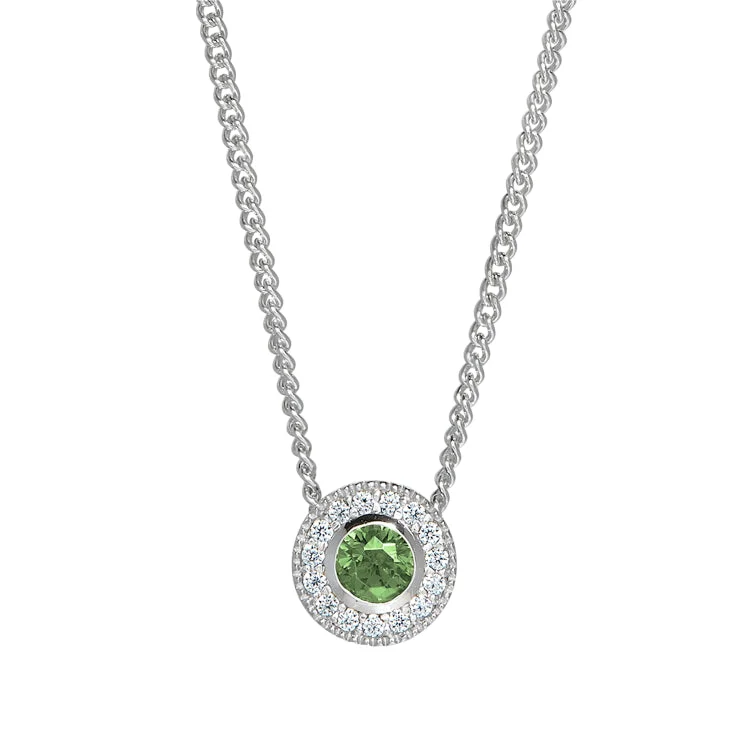 Platinum Finish Sterling Silver Round Simulated Peridot Birth Gem Pendant with Simulated Diamonds on 18" Curb Chain