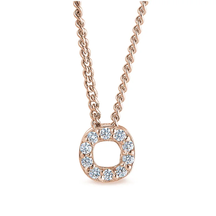 Rose Gold Finish Sterling Silver Micropave O Initial Pendant with Simulated Diamonds on 18" Curb Chain