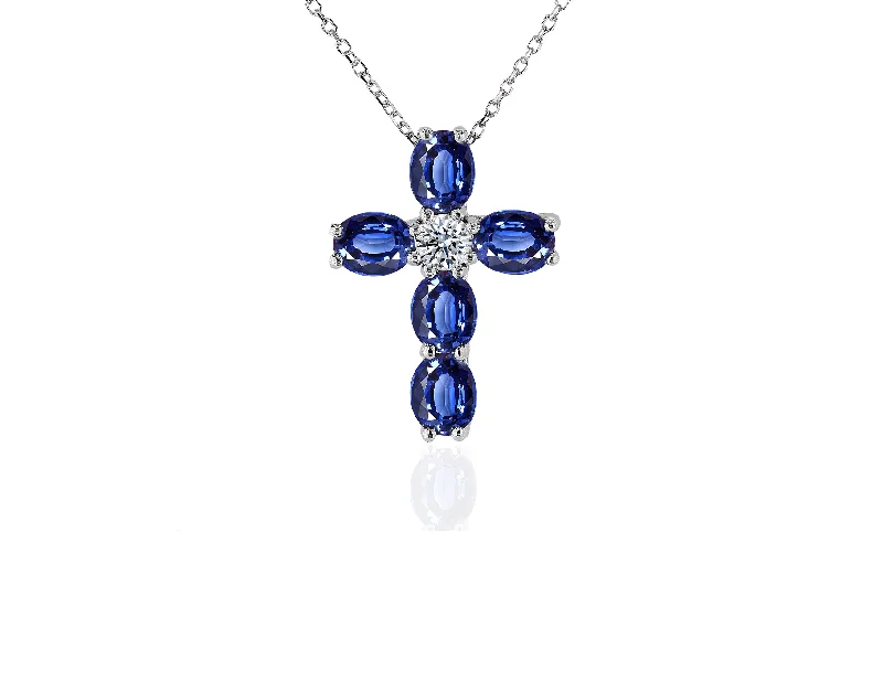 Sabel Collection White Gold Oval Sapphire and Diamond Cross Necklace