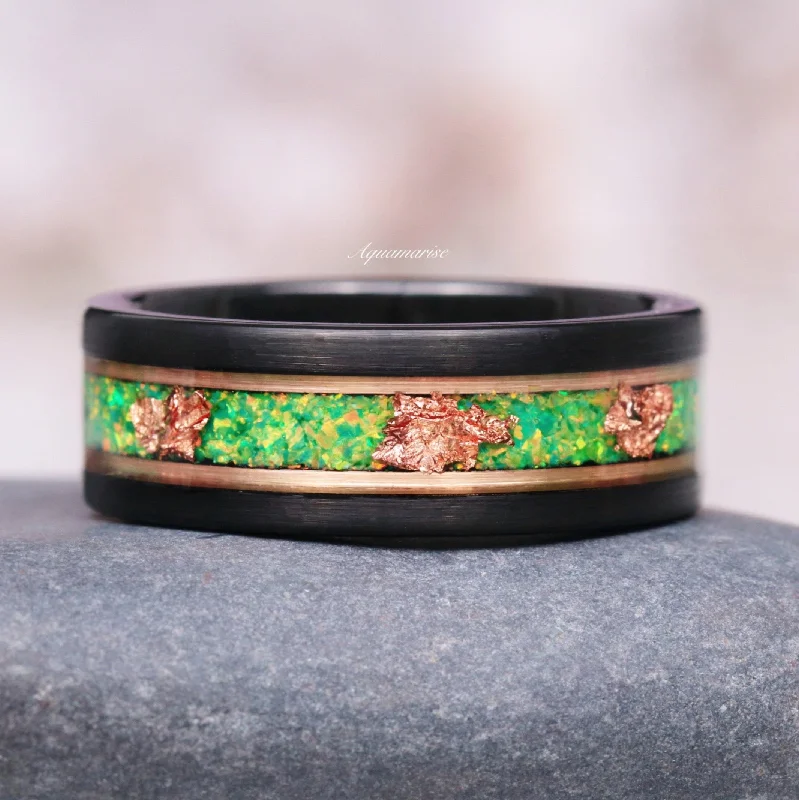 Green Fire Opal & Leaf Wedding Band- 8MM Rose Gold Tungsten