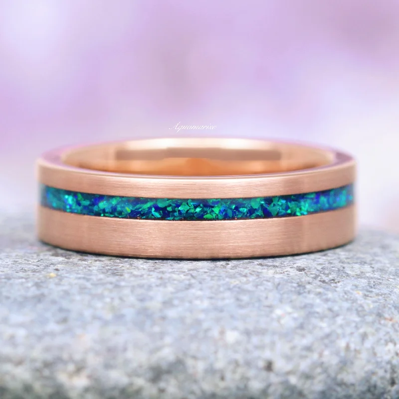 Peacock Fire Opal Wedding Band- 6MM Rose Gold Tungsten